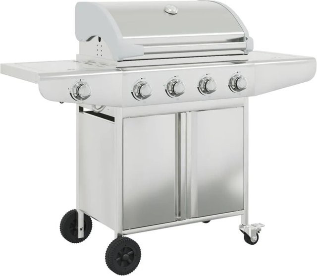 vidaXL Gasgrill aus Edelstahl in Silber mit 5 Flammen, Thermometer und Rollen - Bild 1