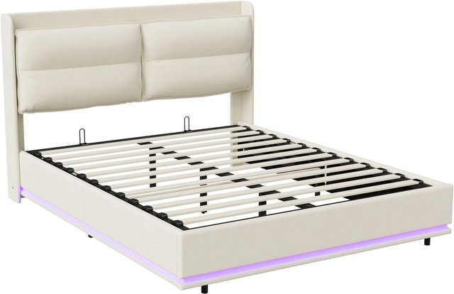 PXloue Polsterbett mit Stauraum und LED-Beleuchtung in Beige, B/T/H: 140 x 200 x 109 cm - Bild 1