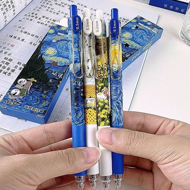 CHENJ Kugelschreiber Set mit Van Gogh Ölgemälde-Druck, 4 Stück, Gelb, 0,5 mm Mine, schwarze Tinte, schnelltrocknend - Bild 1
