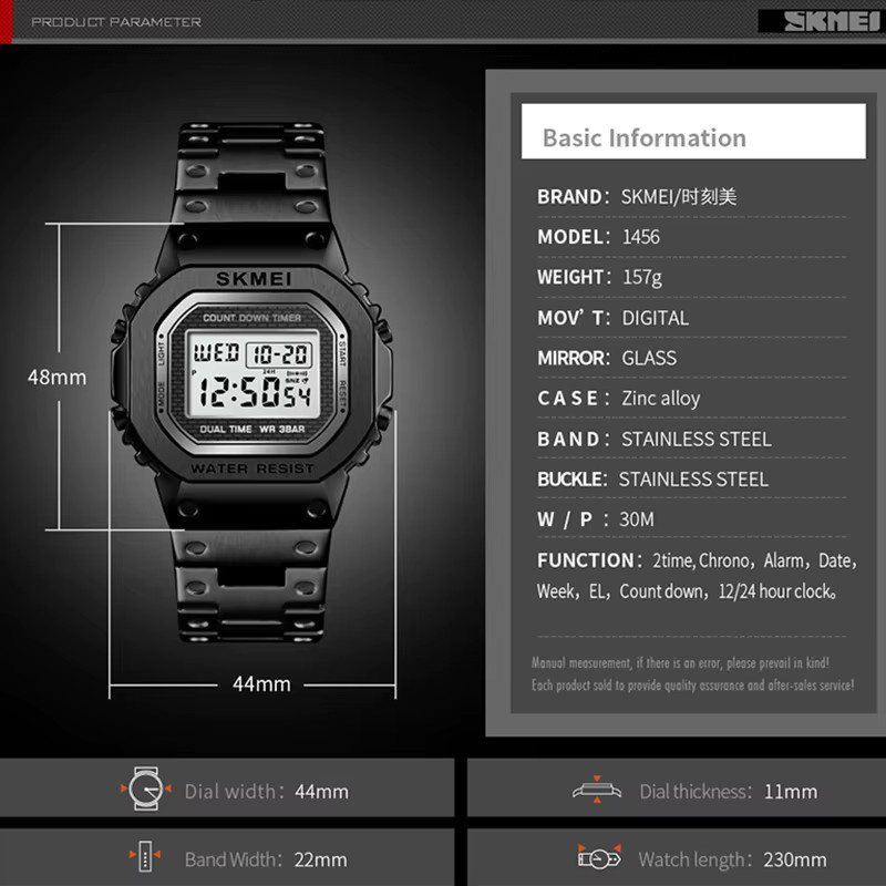 Skmei Digitaluhr, Chronograph, Alarm, Schwarz, Edelstahl, Herren - Bild 4