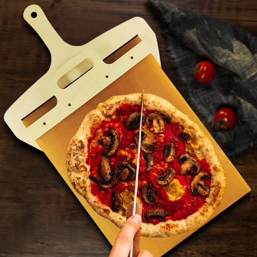 VKTECH Tragbare Pizza Schaufel mit Antihaftbeschichtung und hitzebeständigem Tuch, rechteckiges Teigtablett aus Holz - Bild 3