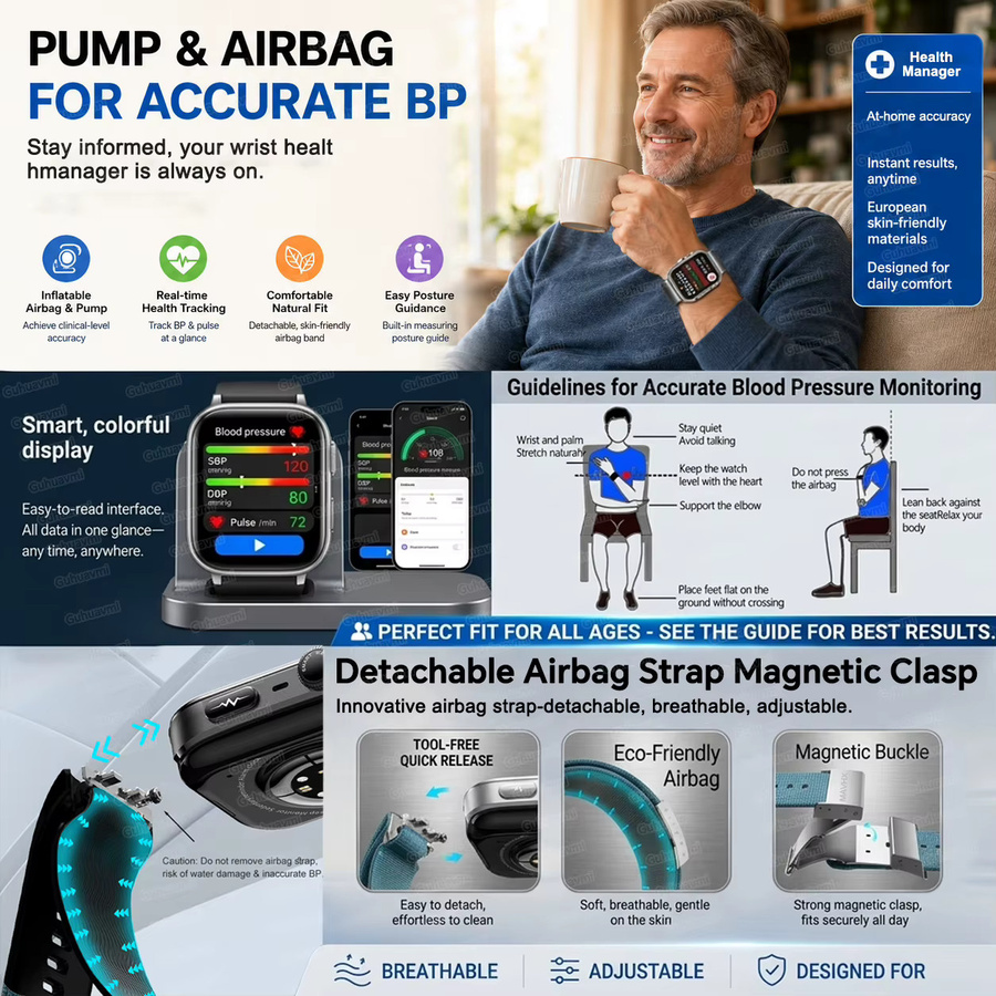 GUHUAVMI Smartwatch mit EKG-Funktion und Airbag-Technologie zur Blutdruckmessung in Schwarz - Bild 4