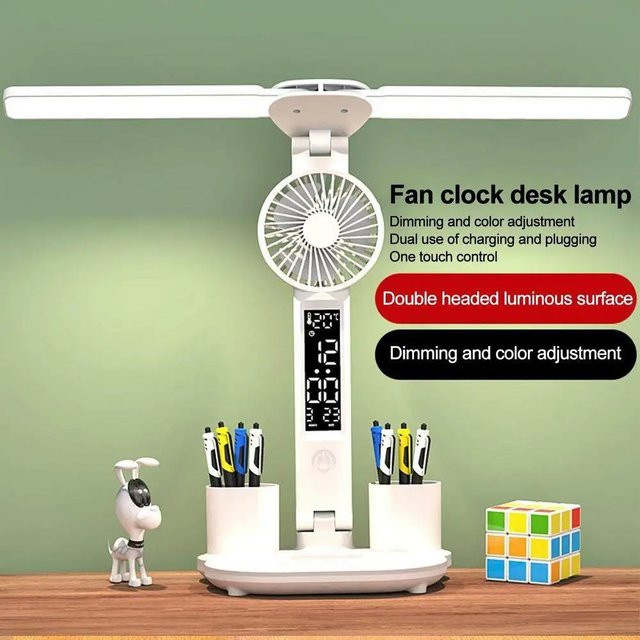 Wiederaufladbare LED-Tischlampe von lyfs in Weiß mit Ventilator, Uhrendisplay und Touch-Bedienung - Bild 1