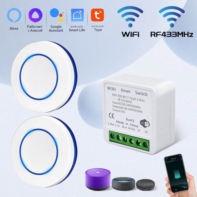 Tuya WiFi Smart Switch Runde Drahtlose RF433MHz Fernbedienung mit Alexa und Google Home Sprachsteuerung Weiß - Bild 1