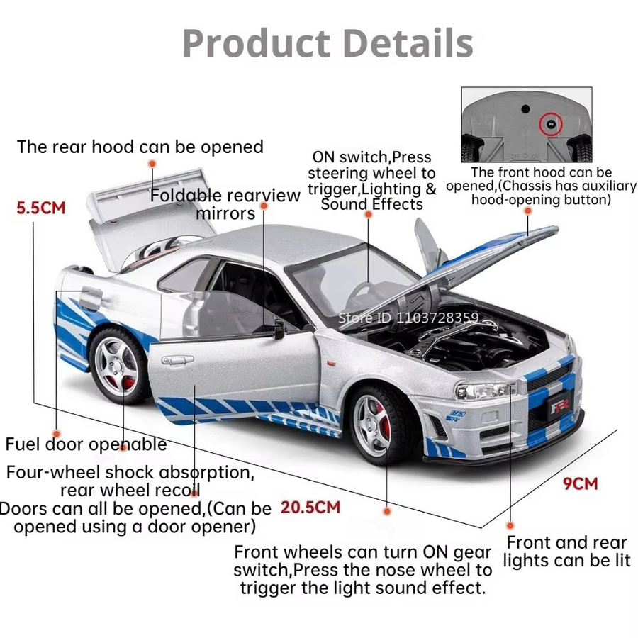 MAKEDA GTR-R34 Miniaturmodell, 1:24 Maßstab, mit Licht und Sound, Schwarz - Bild 2