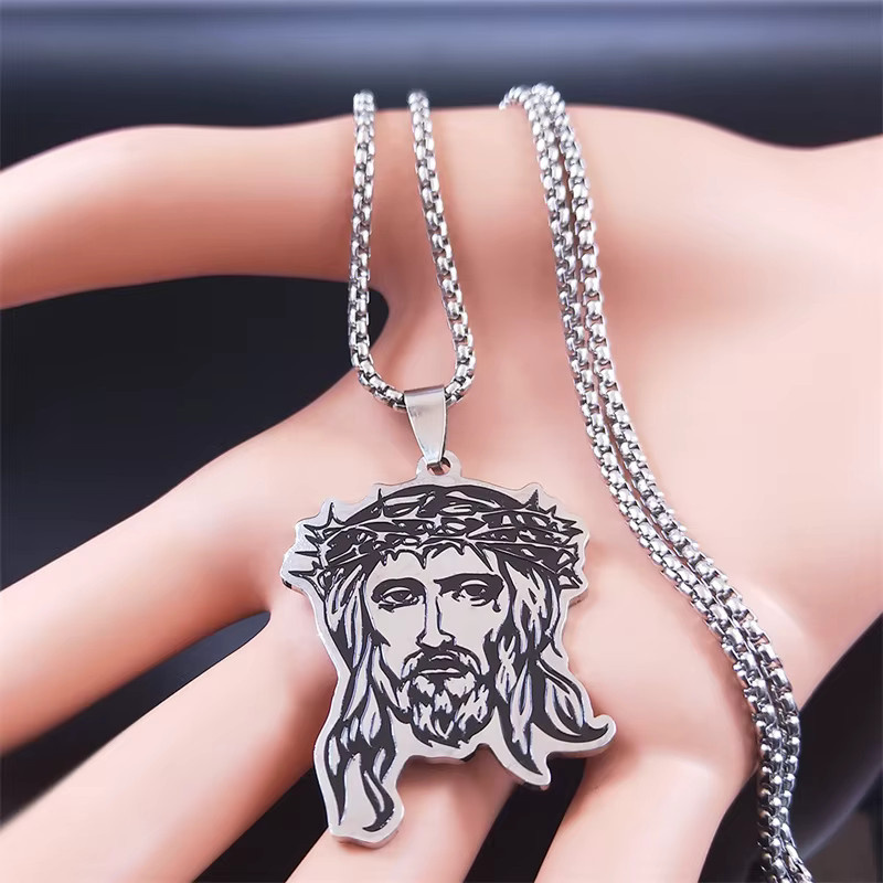 AFAWA Halskette Dornenkrone Jesus Kopf, Edelstahl, Silber, Unisex - Bild 3