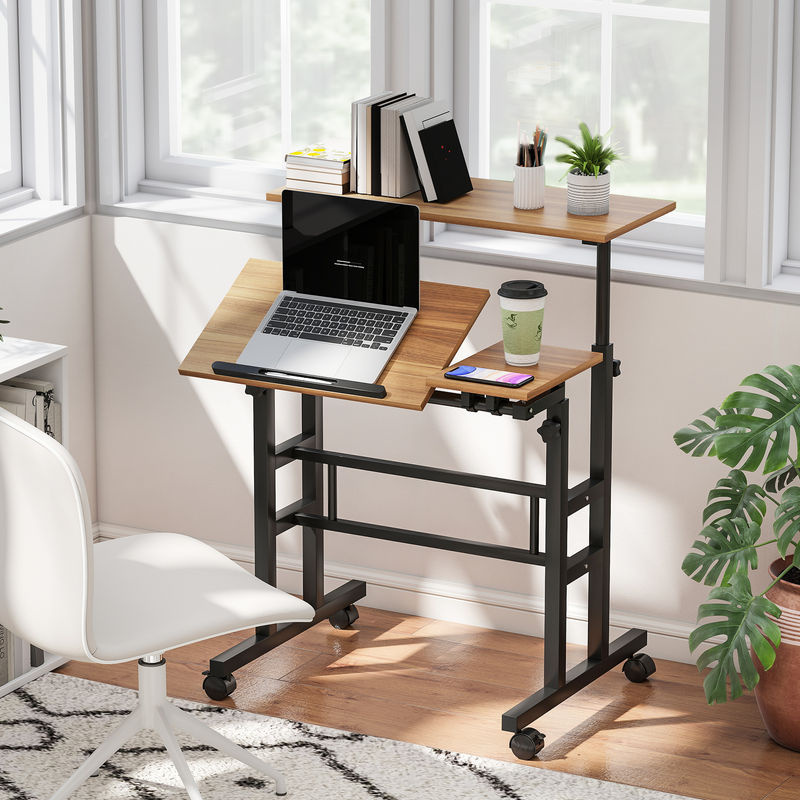 HOMCOM höhenverstellbarer Sitz-Steh-Schreibtisch mit Rollen und neigbarer Platte, Computer-Schreibtisch in Braun, B/T: 70 x 60 cm - Bild 2