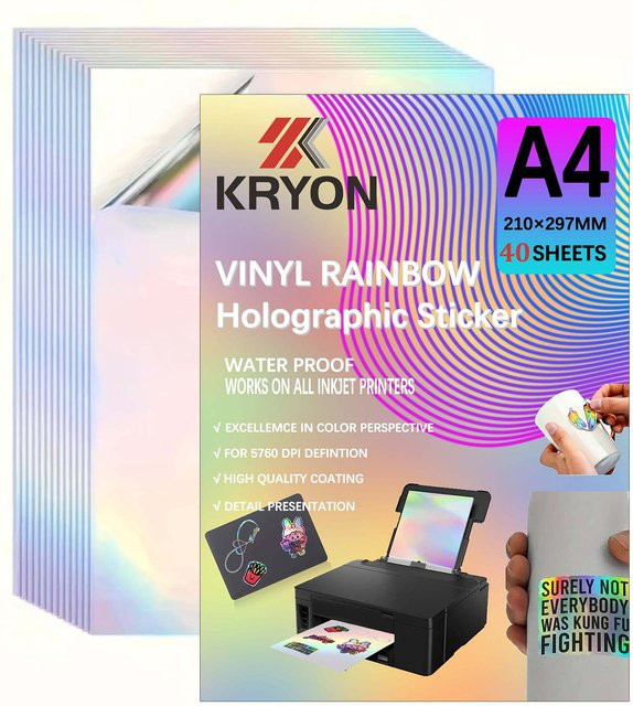 KRYON A4 Regenbogen-Vinyl-Aufkleberpapier für Tintenstrahldrucker, wasserfest, Multicolour, 10 Blatt - Bild 1