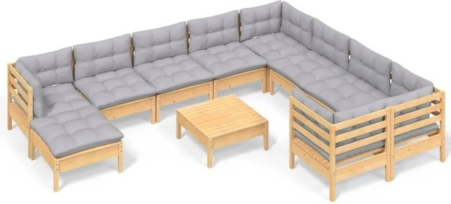 vidaXL 11-teiliges Garten-Lounge-Set aus massivem Kiefernholz mit grauen Kissen - Bild 1