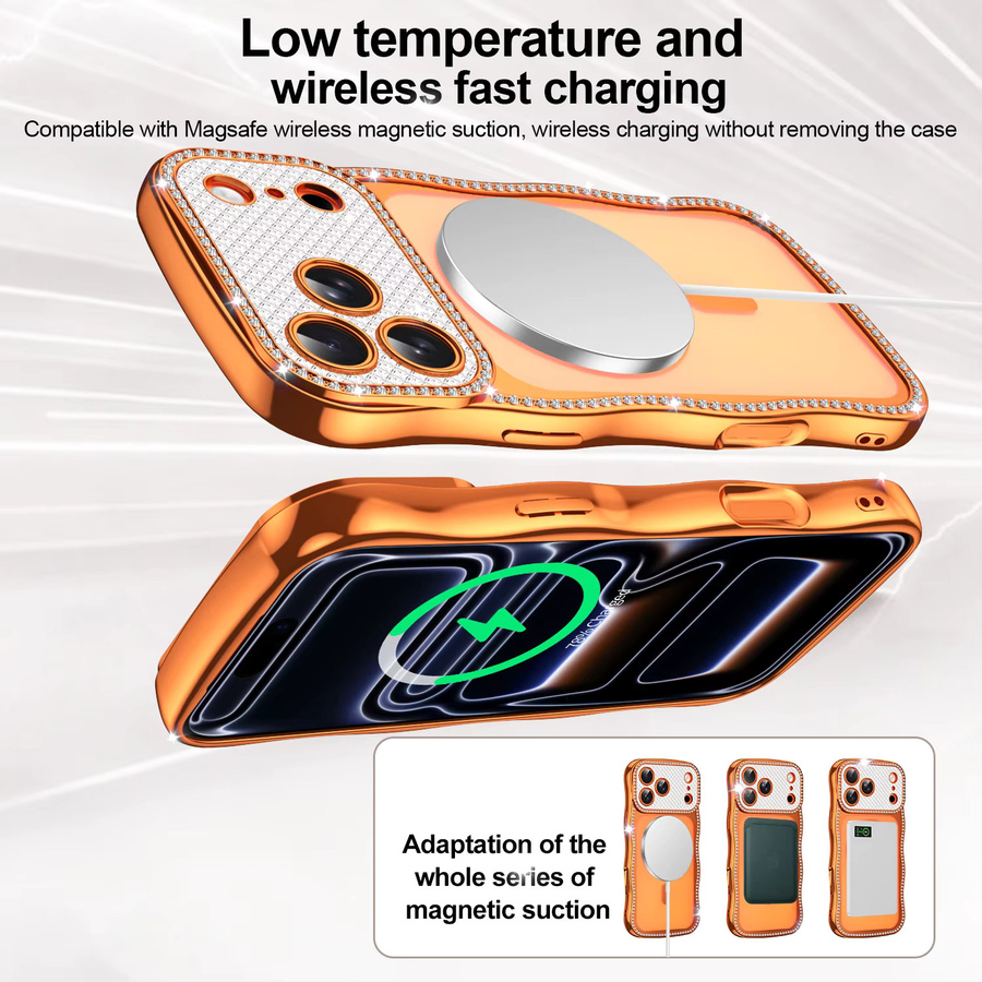 RPKKS Glitzernde Diamant-Handyhülle mit Wellenkanten-Design für MagSafe, stoßfestes Softcover für iPhone 17, 16, 15, 14 Plus, 13 Pro Max in Gold und Orange - Bild 2