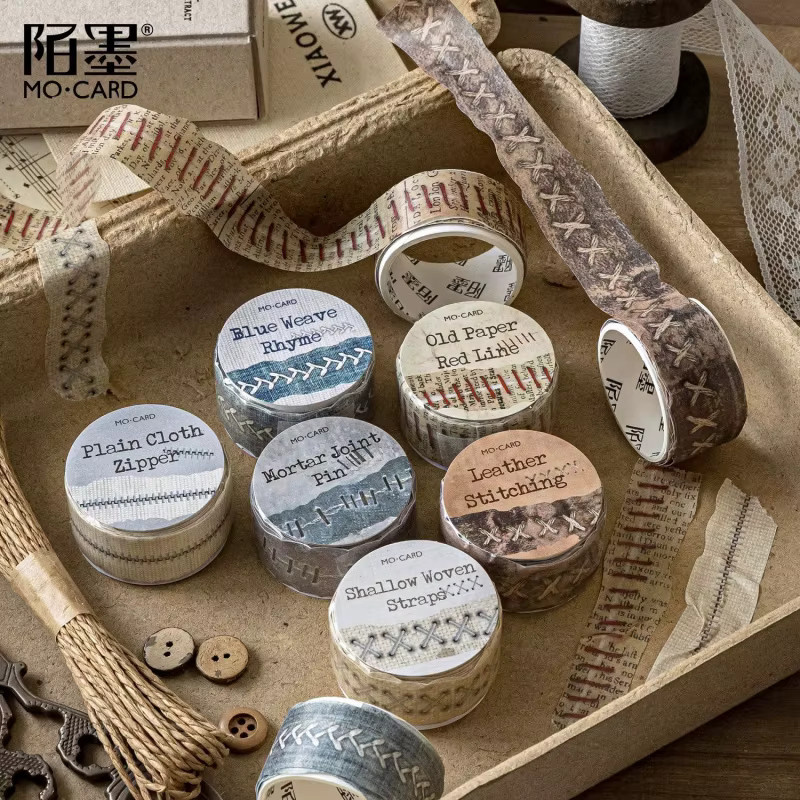 Vintage Washi-Tape Set mit zerrissenem und genähtem Design für Retro-Journal-Collagen, 2 Rollen, Multicolour - Bild 2