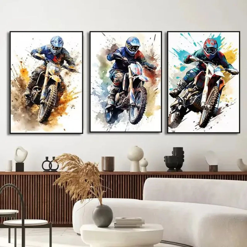 Aquarell Dirt Bike Motocross Leinwand-Gemälde von Potdemiel, mehrfarbiges Motorrad Wandbild im Hochformat zur Wandmontage - Bild 1