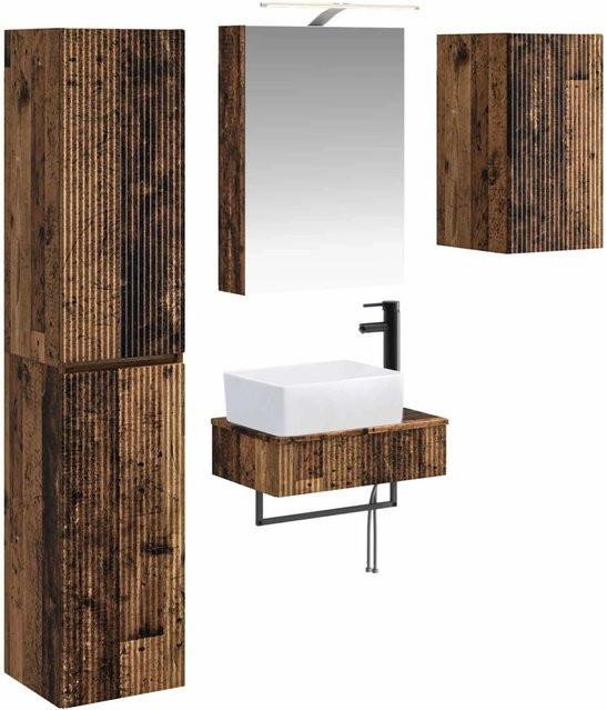 vidaXL Badezimmermöbel-Set 5-teilig aus Altholz und Glas in Braun mit LED-Beleuchtung und Spiegelschrank - Bild 1