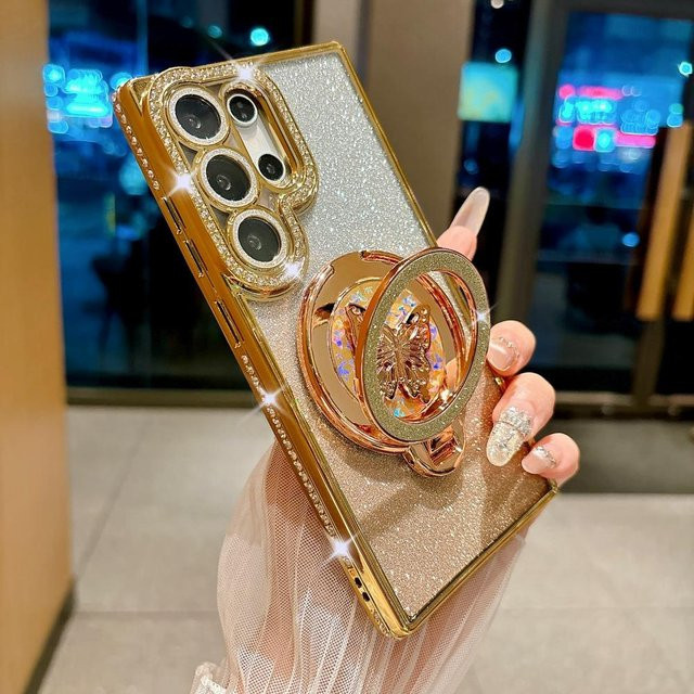 Glitzer Diamant Schmetterling Handyhülle mit Ständer für Samsung Galaxy S26 S2 Ultra S24 FE S23 S22 Plus A56 A16 A4 in Farbverlauf Gold Multicolour - Bild 1
