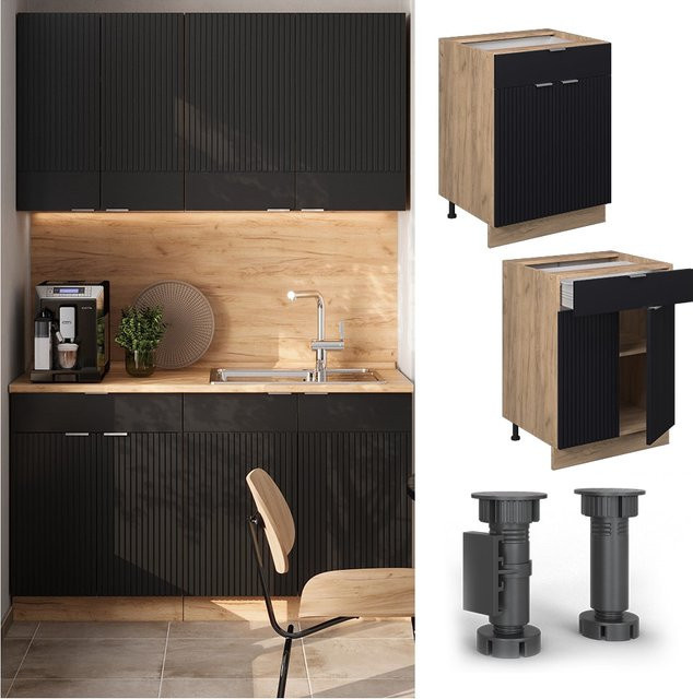 Vicco Schubunterschrank Fame-Line in Eiche und Schwarz gestreift mit Arbeitsplatte in Eiche, Breite: 60 cm - Bild 1