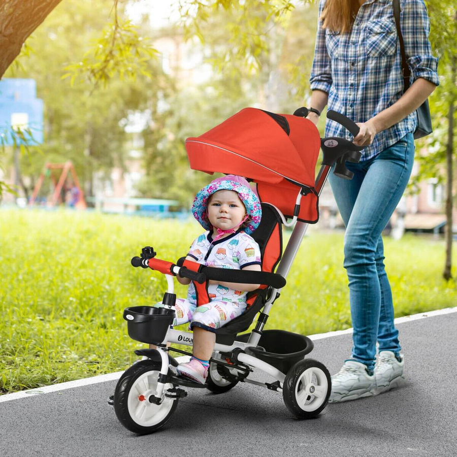 HOMCOM 6 in 1 Kinderdreirad mit Schubstange und Sonnendach in Rot, faltbares Dreirad mit Sicherheitsgurt und Korb für Kinder bis 25 kg, B/H/L: 50 x 104 x 112 cm - Bild 5