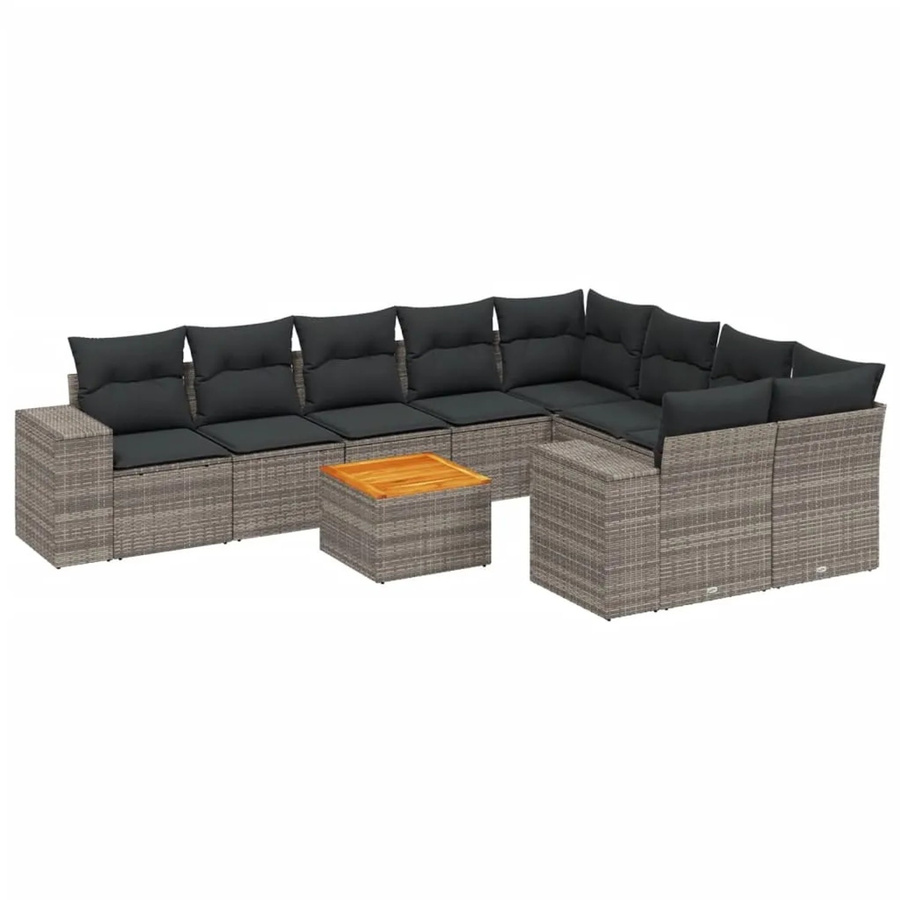 vidaXL 10-teilige Garten-Sofagarnitur aus Poly-Rattan und Akazienholz in Grau mit Kissen - Bild 2