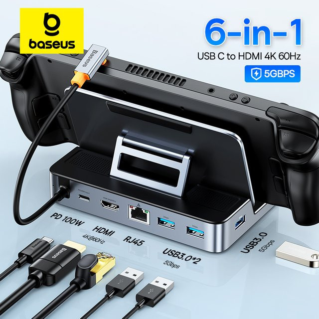 Baseus USB-C Docking Station für Steam Deck und Nintendo Switch mit HDMI 4K @ 60Hz, RJ45 Gigabit Ethernet und 100W PD USB-C, Farbe: Schwarz - Bild 1