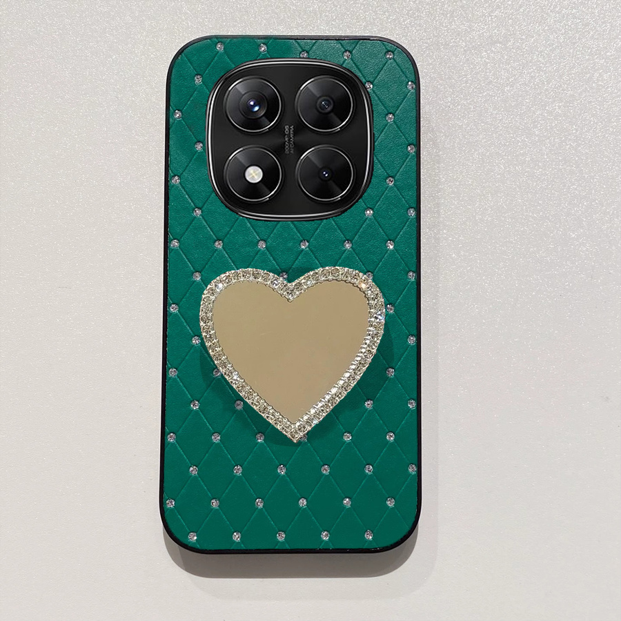 Personalisierte Luxus-Handyhülle aus Kunstleder mit Diamantgitter und Herzspiegel für Xiaomi Redmi Note 14/15 Pro Plus (4G/5G) in Grün - Bild 2