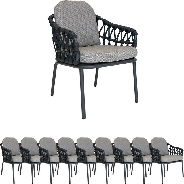 10er Set Gartenstühle Lola Lisbon Rope Sessel von Lola Home Garden aus Aluminium in Graphite und Carbon mit Pepper Sunproof Kissen - Bild 1