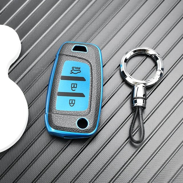 Leder TPU Schlüsselhülle mit Schlüsselanhänger für Hyundai I30 I35 I40 KONA Genesis Santa Fe Elantra Solaris Tucson Azera in Blau - Bild 1