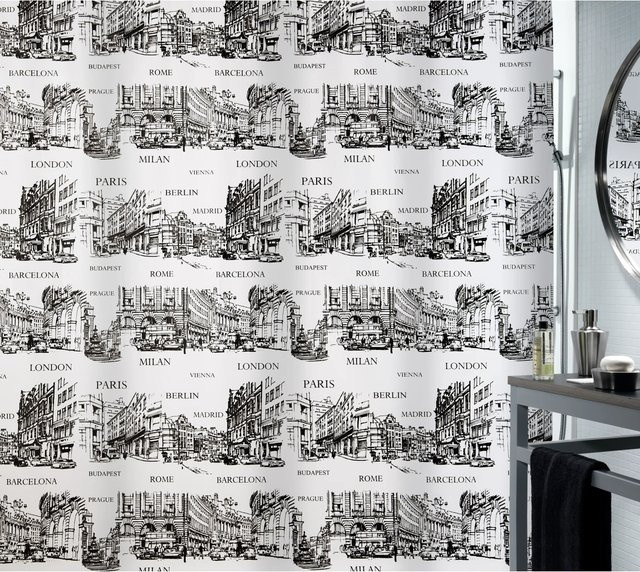 Spirella Duschvorhang Textil Places Black mit Städte-Motiv, B: 180 cm, H: 200 cm - Bild 1