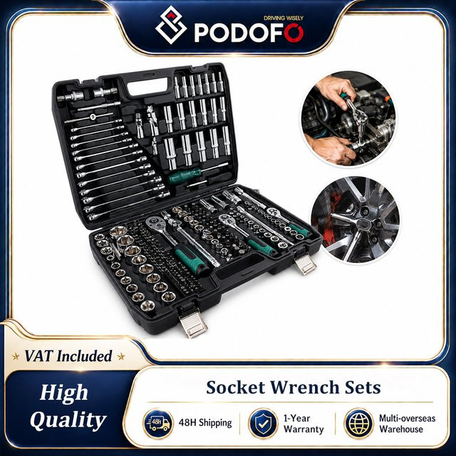Podofo 216-teiliges Profi-Werkzeugset für Autoreparaturen mit Steckschlüsselsatz 1/4 Zoll, 3/8 Zoll und 1/2 Zoll sowie ergonomischen 24-Zahn-Ratschenschlüsseln - Bild 1