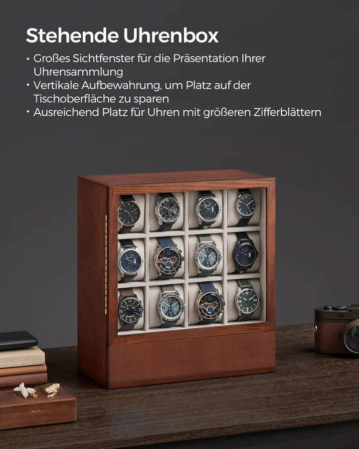 SONGMICS Uhrenbox, 12 Fächer, Massivholzfurnier, Braun, Unisex - Bild 2