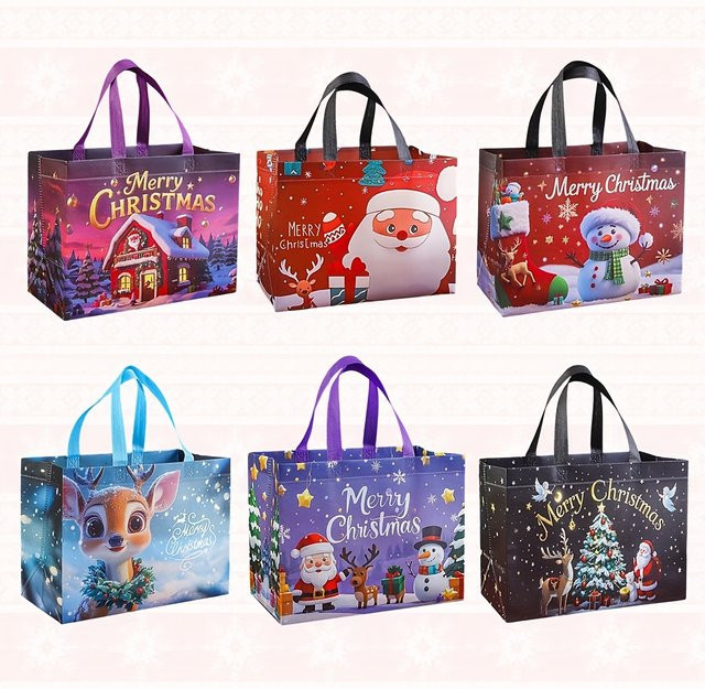 6 oder 12 Stück Weihnachtliche Vliesbeutel mit Schneemann, Weihnachtsmann und Elch als Geschenkverpackung und Weihnachtsdekoration - Bild 1