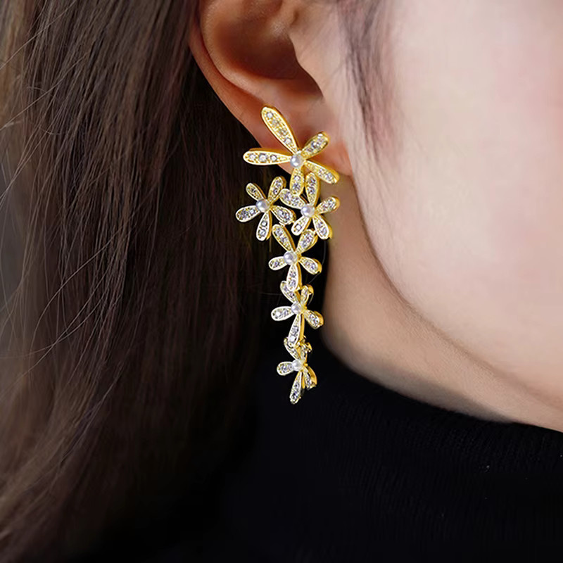 Huitan Gold Ohrringe, Perle, Blume Design, Damen - Bild 3