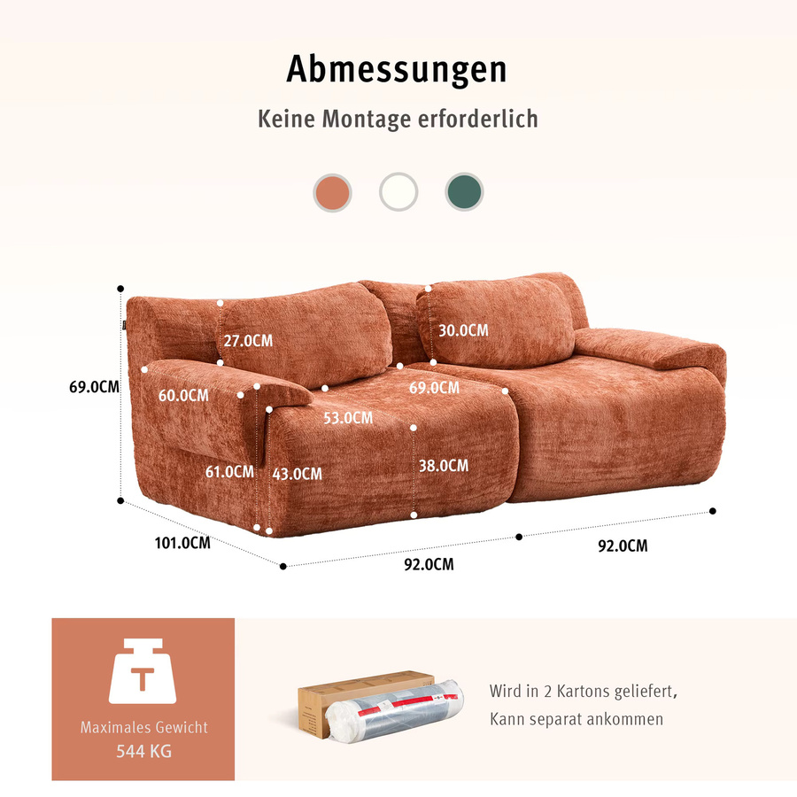 WELAX Cloud Loveseat Modulares Ecksofa in Orange, 2-Sitzer mit Memory-Schaum und Chenille-Bezug, Breite: 184 cm - Bild 2