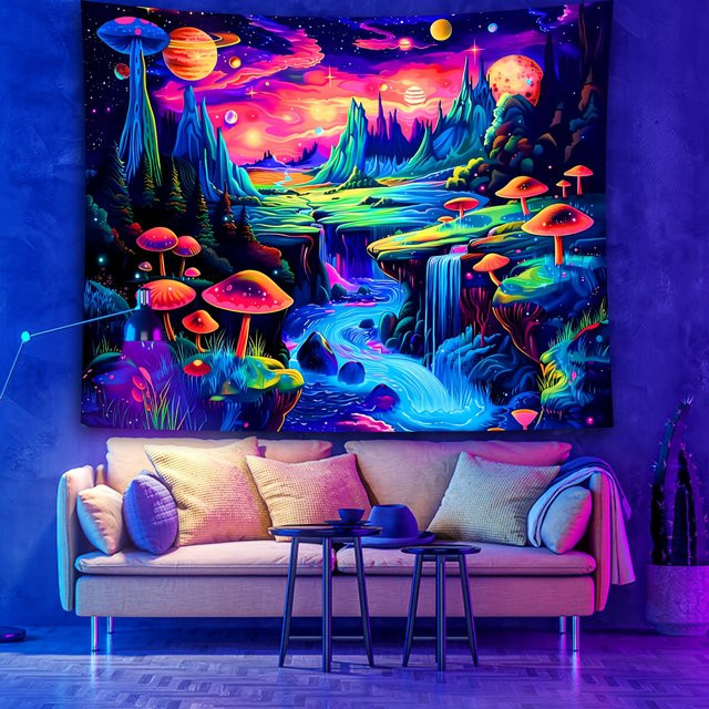 VIKAMA Wandbehang Cyber Psychedelic Neon Fantasy Forest Planet Wanddekoration, Mehrfarbig, B: 60 cm, H: 40 cm - Bild 1