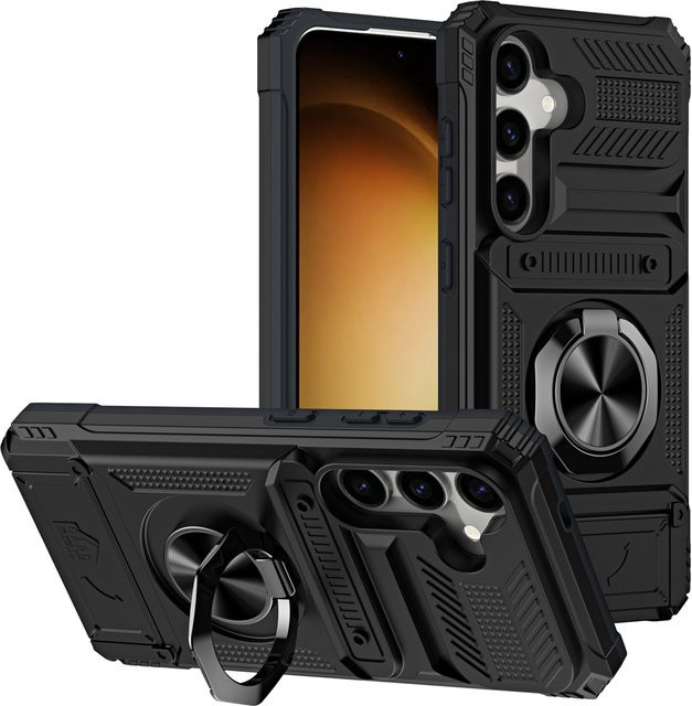 Handyhülle für Samsung Galaxy S25 FE S26 S24 Ultra Plus S23 A17 A26 A16 A56 A36 A55 mit Kartenfach, drehbarem Ring und Standfunktion in Schwarz - Bild 1