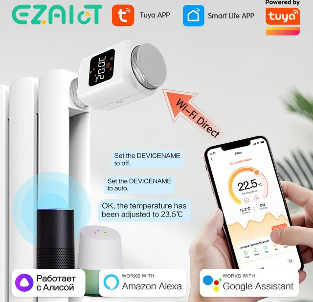 EZAIoT Smart WLAN-Heizkörperthermostat mit Tuya Stellantrieb, Temperatur-Heizungsregler in Weiß, kompatibel mit Alexa, Google Home und Yandex Alice - Bild 1