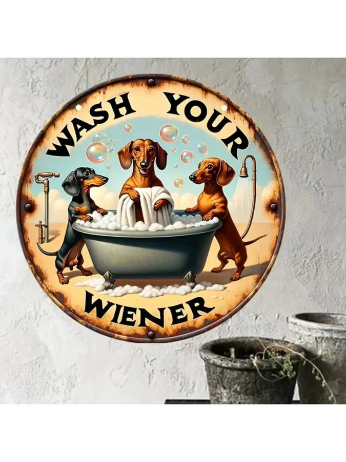 VintagePupCharm Wash Your Wiener Dackel-Aluminiumschild im Vintage-Stil, rund, Mehrfarbig, Durchmesser: 20 cm - Bild 6