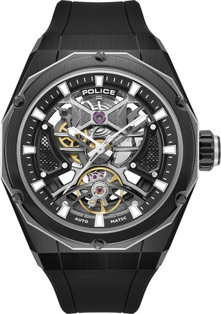 Police Herrenuhr Automatik, Edelstahl, 45 mm, Silikon, Schwarz, 5 ATM