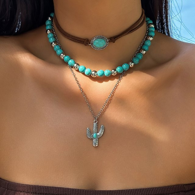 KunJoe Halskette, Multilayer, Blau Stein, Perlen, Kaktus Anhänger, Kreuz, Unisex - Bild 1