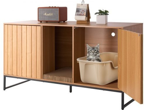 VEVOR Katzenschrank Braun mit Kratzpad und Stauraum, wasserfeste Katzenklo Verkleidung aus Spanplatte, B/T/H: 120 x 45 x 66,5 cm - Bild 1