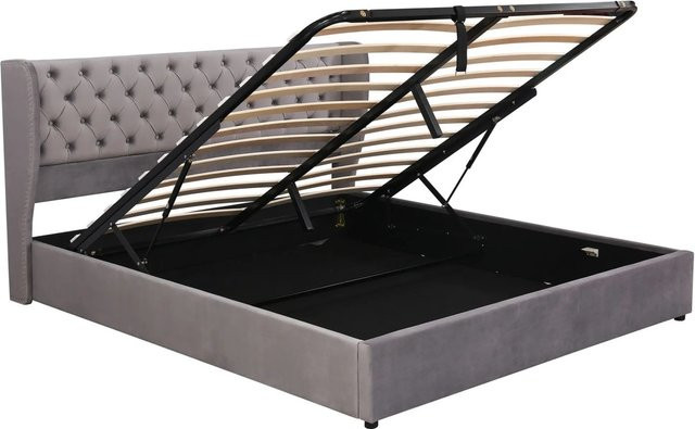 okwish Polsterbett aus Samt in Grau mit hydraulischem Lift-up-Funktionsbett, B/T/H: 180 x 200 x 186 cm - Bild 1