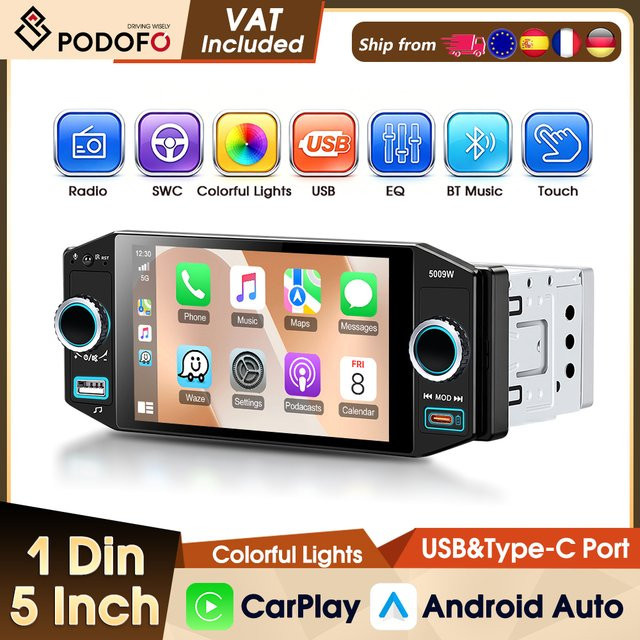 Podofo 5-Zoll Universal-Autoradio in Schwarz mit IPS-Bildschirm, FM/AM/RDS, kabellosem CarPlay und Android Auto sowie Lenkradfernbedienung und MP5-Player - Bild 1