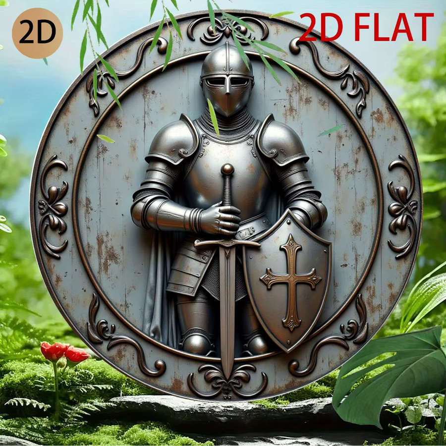 CIFBUY Mittelalterlicher Ritter Wandkunst aus Aluminium, rundes 3D-Schild in Silber, Dekor für Zuhause und Garten - Bild 3