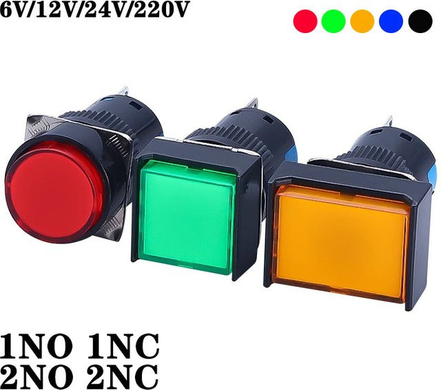 LED Drucktaster Set mit Beleuchtung 16 mm Durchmesser, Momentan oder Rastend, verschiedene Farben und Spannungen 6,3 V bis 220 V - Bild 1
