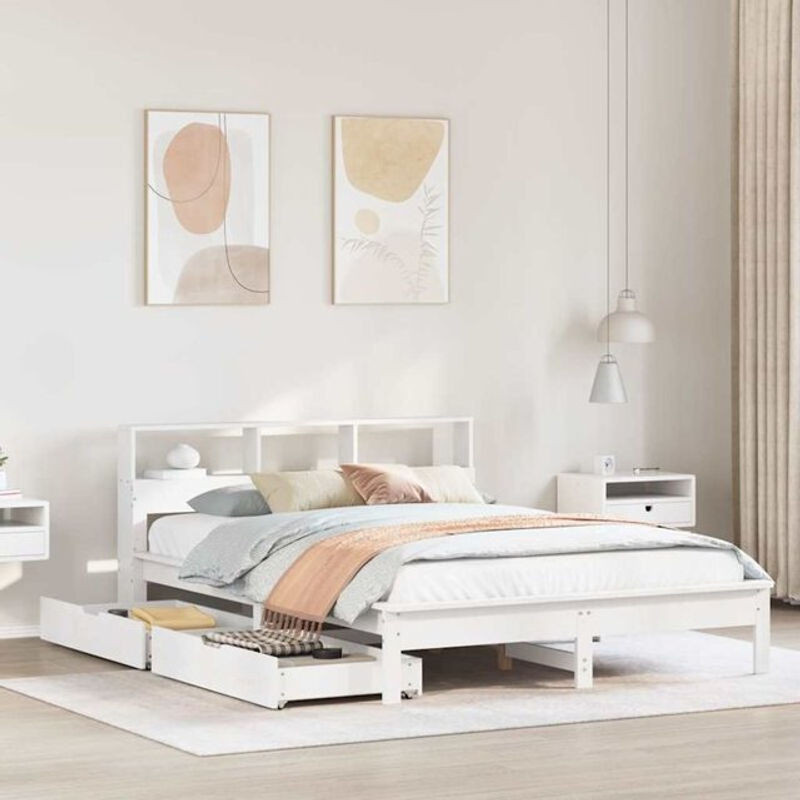 Massivholzbett mit Regal von Vidaxl aus Kiefer in Weiß, B/T/H: 135 x 190 cm - Bild 1