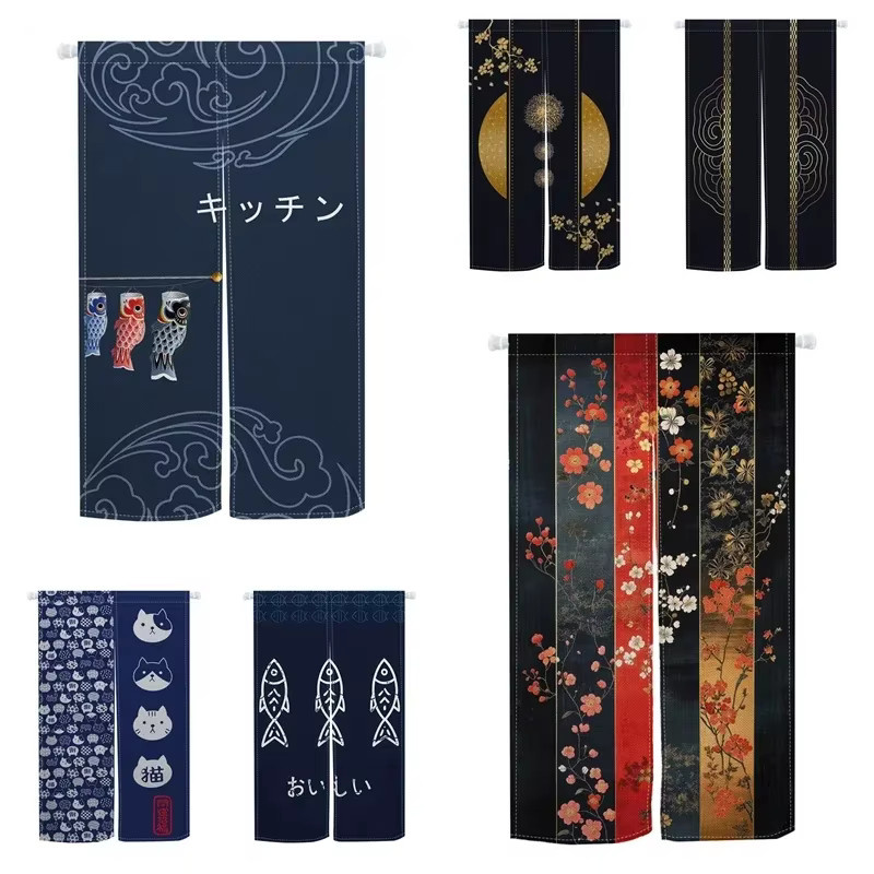 VIKAMA Japanischer Noren-Türvorhang mit Glückskatzen-Motiv in Blau-Weiß als Raumteiler für Eingangsbereich, Küche oder Esszimmer, B/H: 90 x 65 cm - Bild 1