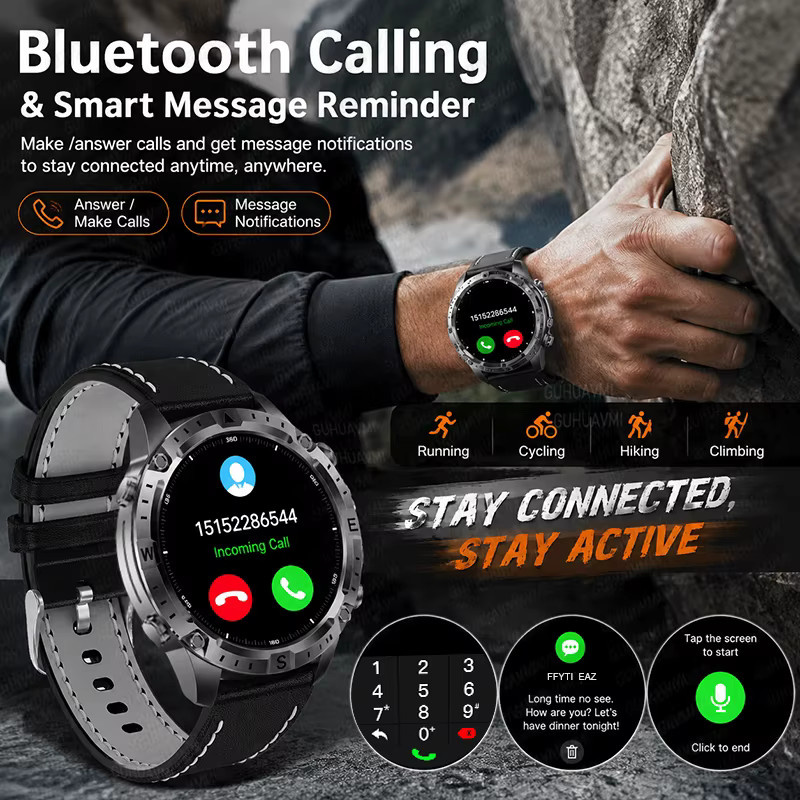 GUHUAVMI Outdoor-Leader Smartwatch für Herren in Schwarz mit 1,43 Zoll AMOLED HD, GPS, Bluetooth-Anruffunktion, Kompass und Taschenlampe, 3ATM wasserdicht - Bild 5