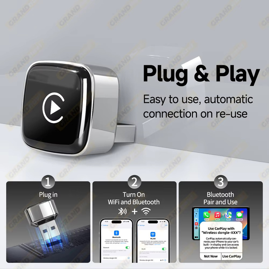 Grandnavi Mini Wireless 2-in-1 Carplay Adapter für Android und iPhone, kabellose AI Box mit USB-Verbindung, Farbe: Schwarz - Bild 6