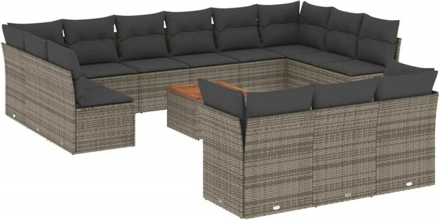 vidaXL 14-teilige Garten-Sofagarnitur aus Poly-Rattan und Akazienholz in Grau mit Kissen - Bild 1