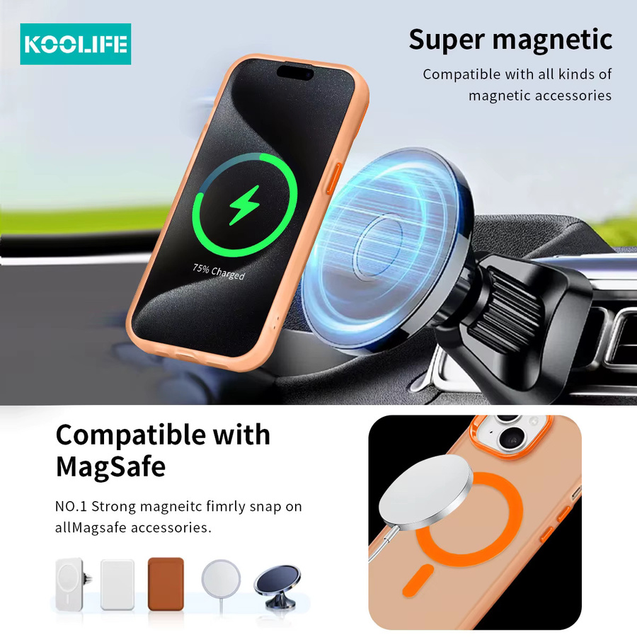 KOOLIFE MagSafe Color Block Frosted Clear Case mit Metallknöpfen für iPhone 11 bis iPhone 16 Pro Max Plus in Transparent, Pink und Orange - Bild 3