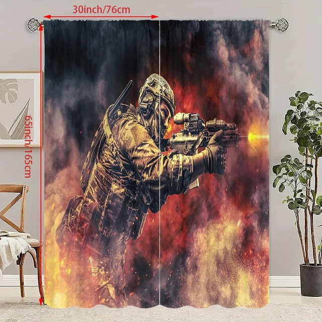 2er-Set Krieger Vorhang aus Polyester in Braun und Multicolour, HD-bedruckt, semi-transparent, Breite: 60 cm, Höhe: 150 cm - Bild 1