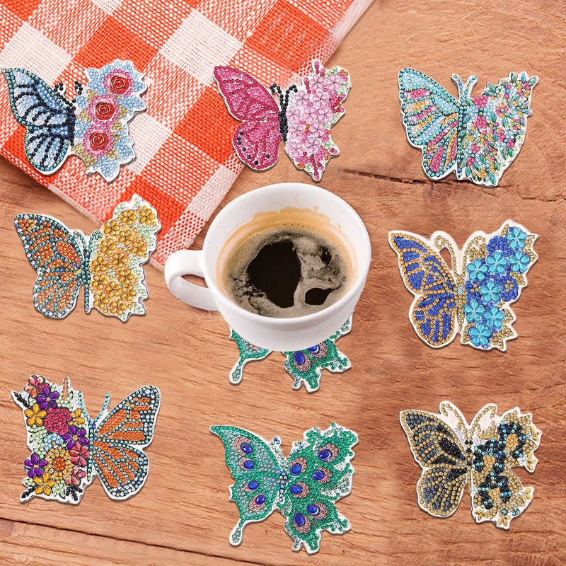 8-teiliges DIY-Diamant-Malerei-Kunstset mit Schmetterlingsmuster und Untersetzern in Multicolor - Bild 4